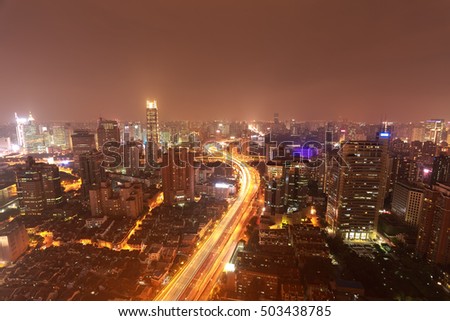 Aerial photography at City buildings backgrounds of night scene in Shanghai 