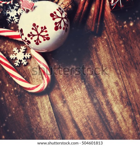 Christmas decorations on wooden background in vintage style. Christmas concept style. Festive Xmas Card
