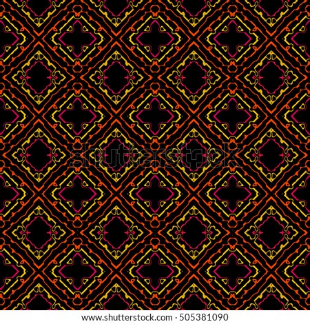 Abstract colorful seamless pattern with variety of shapes of bright colors on a black background. This pattern can be used in the design of the fabric, paper, cover, card and as a design element.