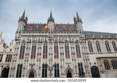 Historic facade of the town hall in Bruges, Belgium