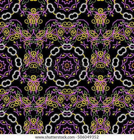 Ikat damask seamless pattern background tile on black background in violet colors.
