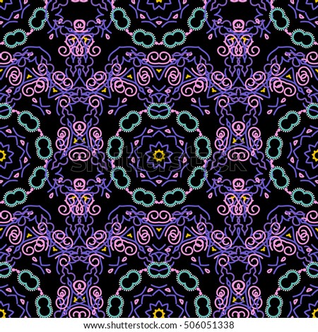 Baroque vintage floral damask seamless pattern in green and violet colors. Luxury classic ornament, royal victorian texture for wallpapers, print, textile or fabric. Vector illustration.