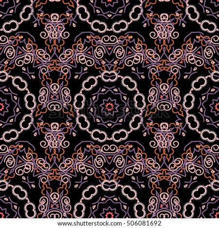 Medieval floral royal pattern. Decorative symmetry arabesque. Pink seamless pattern on a black background. Good for greeting card for birthday, invitation or banner.