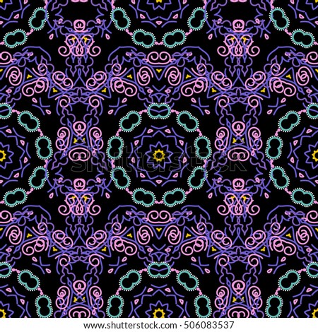 Floral seamless pattern. Wallpaper baroque, seamless background, green and violet on black background.