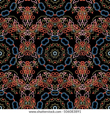 Distressed damask seamless pattern background tile. Seamless ornament in blue and orange colors on a black background.