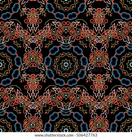 Abstract pattern in Arabian style. Seamless vector background. Blue and orange texture on black background. Graphic modern pattern.