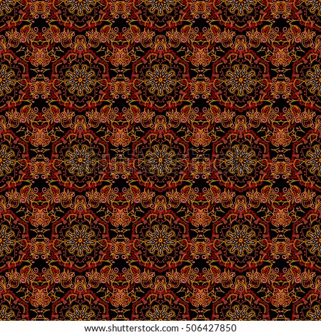 Seamless damask pattern. Vintage ornamental background with victorian pattern in orange colors. Vector illustration.