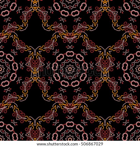 Medieval floral royal pattern. Decorative symmetry arabesque. Red seamless pattern on a black background. Good for greeting card for birthday, invitation or banner. Vector illustration.