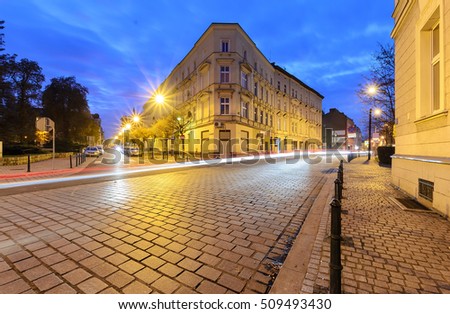 Vintage architecture in Gliwice, Poland in the evening.