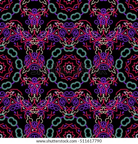 Damask seamless floral pattern in green and violet colors.