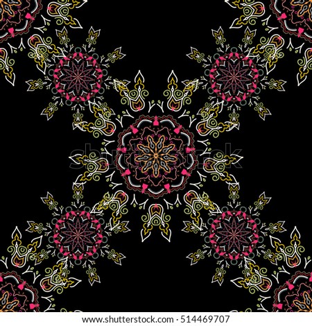 Vector cutout paper lace texture, blue, yellow and pink tulle on a black background, swirly seamless pattern, eps10.