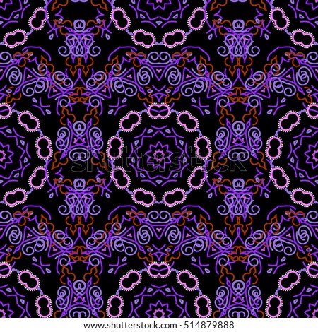 Floral seamless pattern. Wallpaper baroque, seamless background, violet on black background.