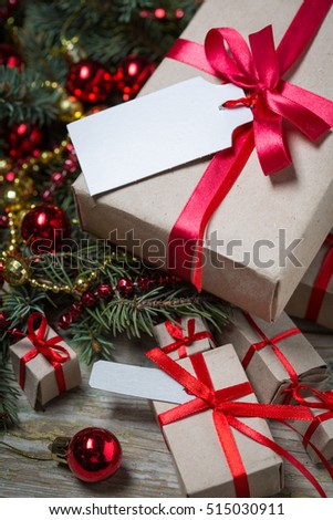 Christmas background with decorations on wooden board