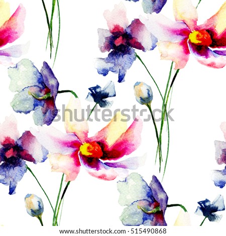 Seamless wallpapers with Decorative Gerber flowers, watercolor illustration 