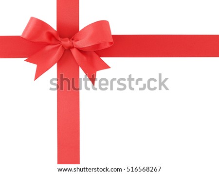 red ribbon with bow isolated on white background, simplicity decoration for add beauty to gift box and greeting card, flat lay close-up top view