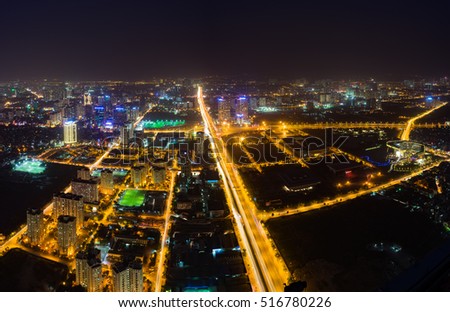 Aerial skyline view of Hanoi cityscape at twilight. Pham Hung street, Tu Liem district, Hanoi, Vietnam