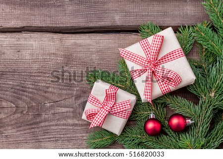 Traditional Christmas decoration on wooden background with copy space