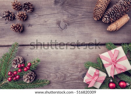 Traditional Christmas decoration on wooden background with copy space