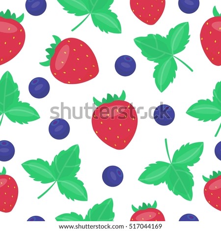 Cartoon fresh berries in flat style. Strawberry leaves seamless pattern.Food summer design wallpaper vector.