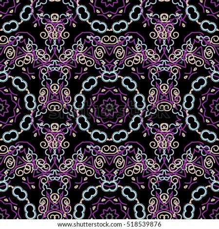 Baroque damask vintage blue and violet vector seamless pattern background. Wallpaper with antique floral medieval baroque abstract flowers and ornaments. Damask pattern in baroque style.