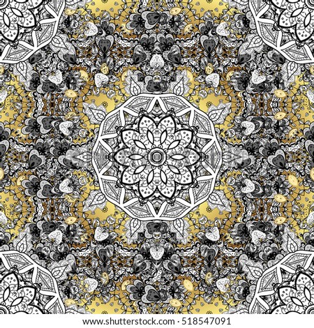 vintage pattern on round yellow and golden gradient background with white elements.