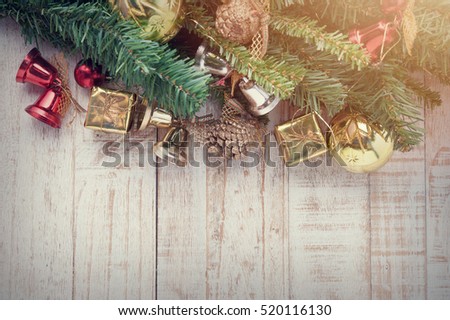 Christmas decorations on vintage white wood background.copy space and vintage tone