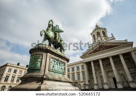 Godefroid de Bouillon Statue and Church St. Jacques at Coudenberg on the background - Brussels - Belgium