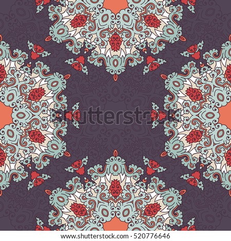 Abstract seamless patchwork pattern. Arabic tile texture with geometric and floral ornaments. Decorative elements for textile, book covers, print, gift wrap. Vintage boho style.