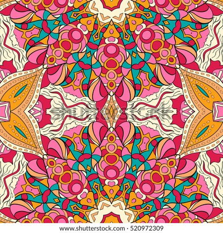 Tracery seamless calming pattern. Mehndi design. Ethnic colorful doodle texture. Curved doodling background. 