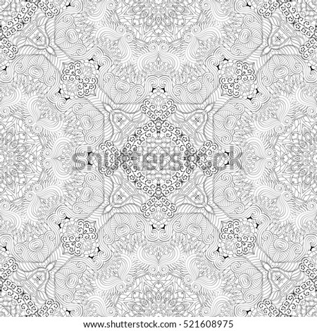 Tracery seamless calming pattern. Mehndi design. Ethnic monochrome binary doodle texture. Curved doodling black and white background. 
