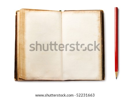 Old book with pencil isolated on white