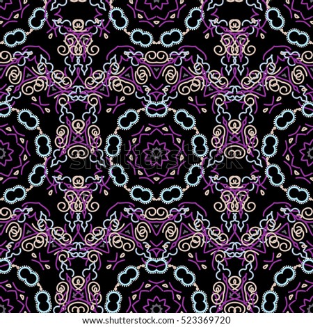 Stylish ornament. Damask seamless floral pattern in blue and violet colors. Abstract flowers on a black background. Royal wallpaper.