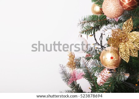 photo of Christmas background with balls and decorations isolated on white background
