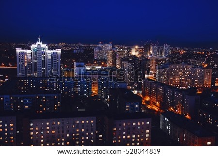 apartment buildings in Novosibirsk in the evening, the top view. Night city