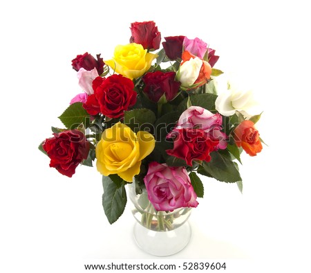 Bouquet of colorful roses in vase over white background