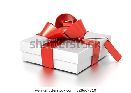White gift box with red ribbon bow tie from top side angle. Thin, horizontal, square and small size. 3D illustration isolated on white background.