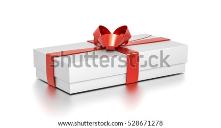 White gift box with red ribbon bow tie from side angle. Wide, horizontal, rectangle and medium size. 3D illustration isolated on white background.