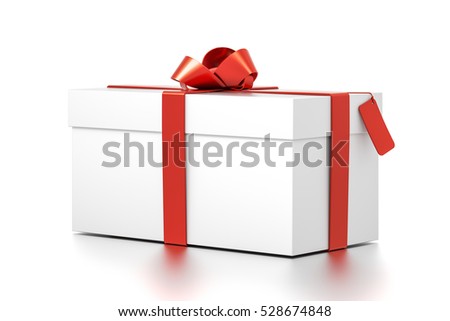 White gift box with red ribbon bow tie from far side angle. Wide, horizontal, rectangle and medium size. 3D illustration isolated on white background.