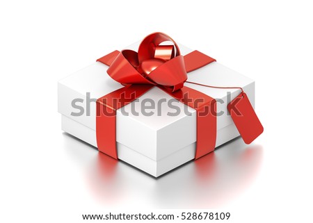 White gift box with red ribbon bow tie from isometric angle. Horizontal, square and small size. 3D illustration isolated on white background.
