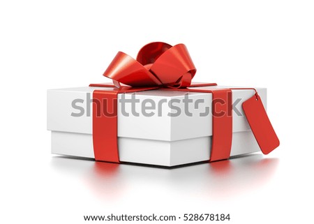 White gift box with red ribbon bow tie from far side angle. Horizontal, square and small size. 3D illustration isolated on white background.