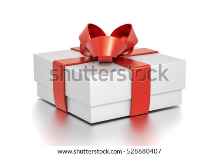 White gift box with red ribbon bow tie from side angle. Horizontal, square and small size. 3D illustration isolated on white background.
