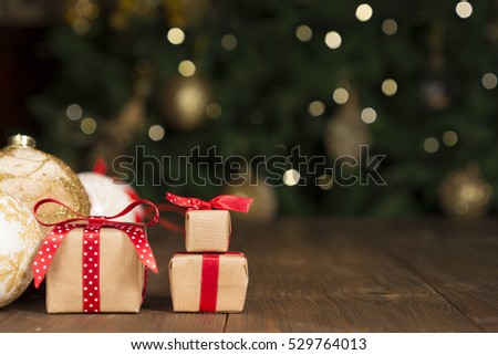 Christmas gifts on wood, ornament