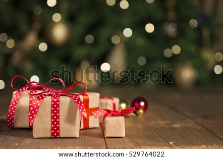 Christmas gifts on wood, ornament