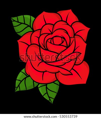 Flowers roses, red buds and green leaves. Isolated on black background. Vector illustration.