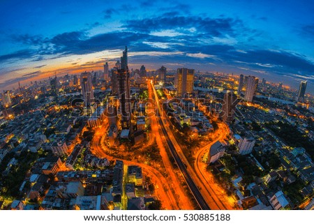 Aerial view of cityscape at twilight, Bangkok, Thailand. The Bangkok view in business district.