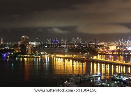 Lights of Miami and Miami Beach reflecting on Biscayne Bay.