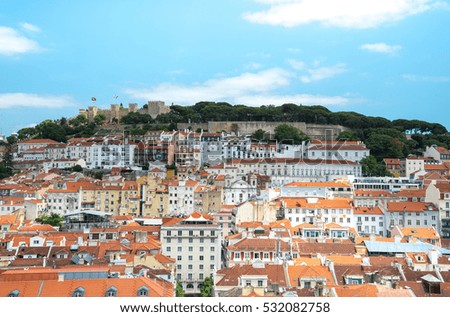 Lisbon, Portugal city skyline over Santa Justa Rua.