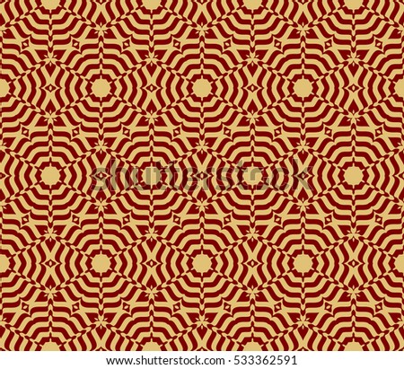 Decorative ornament. Abstract raster copy illustration. Seamless floral pattern. Gold on red