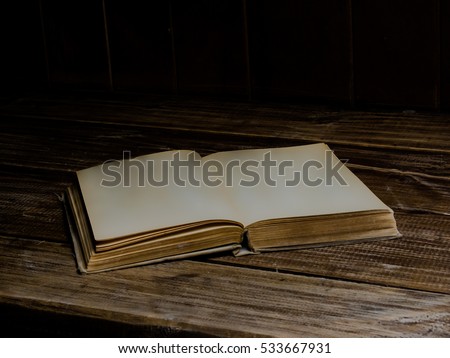 Old opened antique book on the wooden table. Blank page
