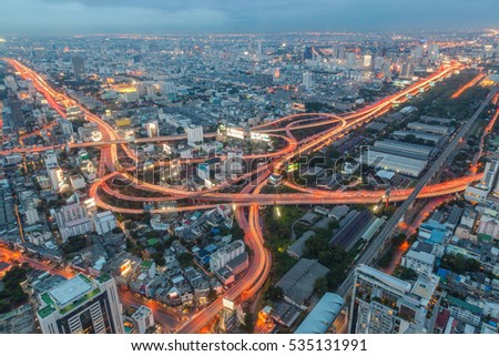 Cityscape bird eye view of Bangkok downtown at night, from BAIYOKE Sky, Thailand